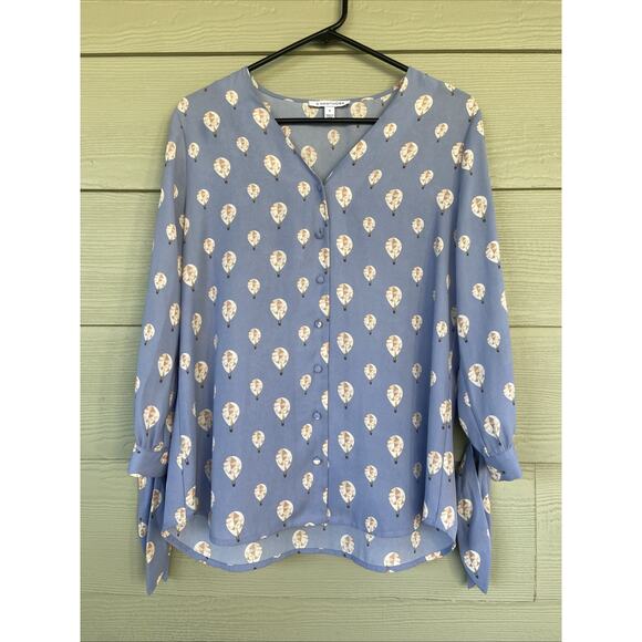 41 Hawthorn Blue Allover Hot Air Balloon Vneck Blouse Shirt Top Womens Medium - Picture 1 of 7
